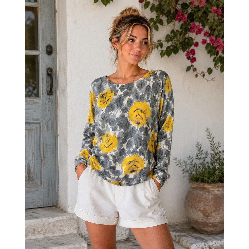 Boden yellow rose floral print crewneck lightweight sweater XS feminine cotton